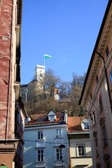 Wall Mural - Lubiana / Slovenia - December 8, 2017: View of Lubiana buildings near the river, Lubiana, Slovenia