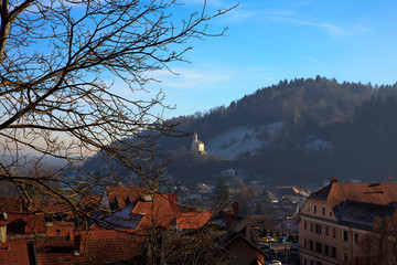 Wall Mural - Skofja Loka / Slovenia - December 8, 2017: Landscape view from the castle in Skofja Loka village, Slovenia