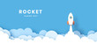 rocket illustration flying over cloud. beautiful scenery with white clouds. paper cut. startup concept vector