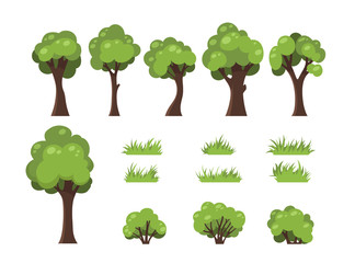 Wall Mural - Trees, bushes and grass. Isolated image of forest nature. Wooden plant in cartoon style. Park elements set