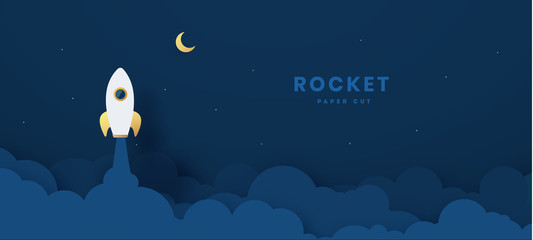 rocket launch to the moon. cute space background with stars, moon, rocket, clouds, smoke. night sky 