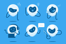 Cute Chatbots And Robots Vector Cartoon Characters Set Isolated On A White Background.