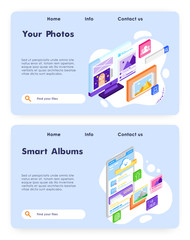 Wall Mural - Smart photo album online. Upload photos to cloud storage. Isometric picture gallery. Vector web site design template. Landing page website concept illustration.