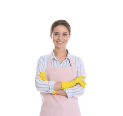 Wall Mural - Young chambermaid wearing gloves on white background