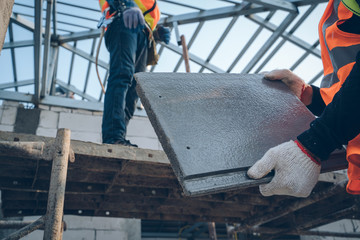 Poster - Engineers worker install new roof at construction site,Roofing tools,CPAC roof technician,Construction concepts.