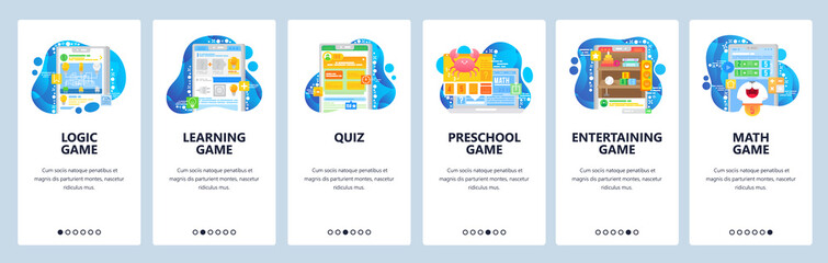 Smart brain mobile phone games. Logic game, quiz, learning, kids development, math. App onboarding screens. Menu vector banner template for website mobile development. Web site design illustration