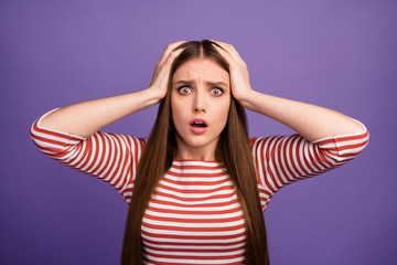 Poster - Oh no. Closeup photo of attractive lady long hairdo open mouth listen bad terrible unexpected news arms on head wear casual striped shirt isolated pastel purple color background