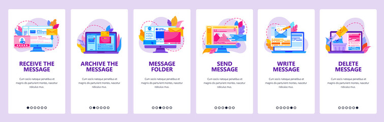 Write, send, receive and delete messages. Email inbox, computer technology. Mobile app onboarding screens. Menu vector banner template for website mobile development. Web site design illustration