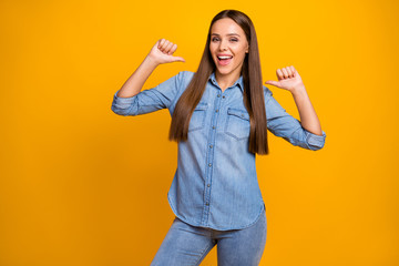 Sticker - Yeah they choose me. Positive cheerful crazy girl proud point forefinger at herself celebrate achieving aims scream wear good look outfit isolated over shine color background