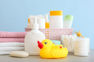 Baby care products on the table. Daily baby care products for skin care, for bathing.