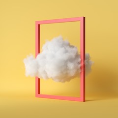 Wall Mural - 3d render, white fluffy cloud flying through the rectangular red frame. Minimal room interior. Levitation concept. Objects isolated on bright yellow background, modern design, abstract metaphor
