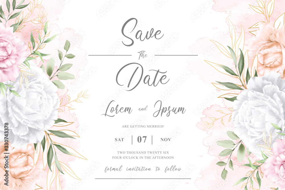 Elegant Watercolor Floral Frame Wedding Invitation Cards with Roses and ...