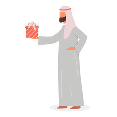 Poster - Muslim man holding gift box. Arabian man in traditional clothes