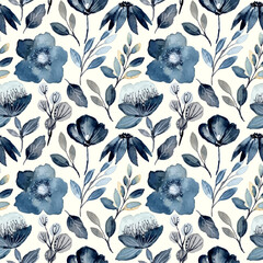 indigo watercolor floral seamless pattern