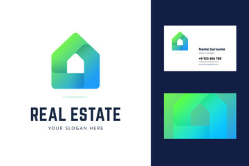 Logo and business card template for real estate, house rental services. Simple geometric house symbol in modern gradient line style. Vector illustration.