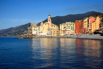 Camogli (GE), Italy - June 01, 2017: The fishing village of Camogli, Gulf of Paradise, Portofino National Park, Genova, Liguria, Italy