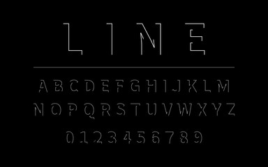 Line Font. Alphabet in latin. Font alphabet with letters and numbers in linear design. Vector illustration