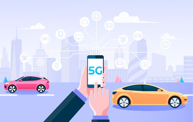 Poster - 5g wireless network for web page, banner. holding mobile control things by 5g internet connection an