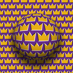 Wall Mural - Rotating sphere of crown shape pattern. Vector purple golden optical illusion decoration.