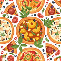 Italian cheese pineapple chili cayenne pepper and mushroom pizza vector illustration. Delicious tasty snack seamless pattern. Flat design. Pizza meal food ingredient - pineapple, olive, greens.