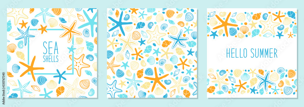 Cute set of marine background with hand drawn shells and starfishes - obrazy, fototapety, plakaty 