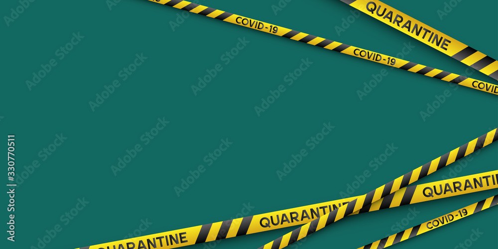 Warning coronavirus quarantine banner with yellow and black stripes. Virus Covid-19. Blue background with copy space. Quarantine biohazard sign. Vector. - obrazy, fototapety, plakaty 