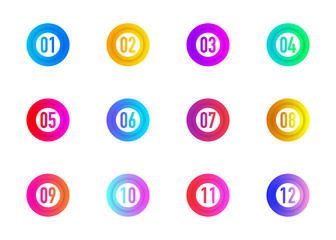 Poster - Collection circles bullet point triangle flags isolated on white background. Colorful gradient markers. Number from 1 to 12. Vector