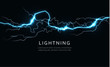 Isolated lightning, horizontal power and energy line, lightning strike, blue light from crack or gap on black background, vector illustration