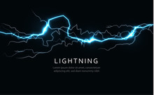 Isolated Lightning, Horizontal Power And Energy Line, Lightning Strike, Blue Light From Crack Or Gap On Black Background, Vector Illustration