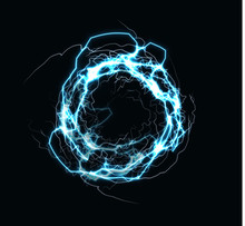 Realistic Lightning Ring, Energy Ball, Magic Sphere, Blue Color Plasma On Dark Background. Isolated Vector Illustration