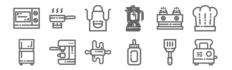 Wall Mural - set of 12 kitchenware icons. outline thin line icons such as toaster, sauce, coffee maker, stove, apron, pan