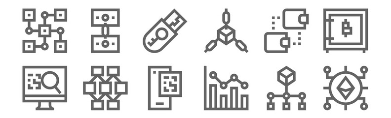 set of 12 blockchain icons. outline thin line icons such as ethereum, bar graph, distributed, trading, usb, money