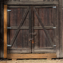 Front View Of The Wooden Door Of A Tools Cabin - Background And Texture  
