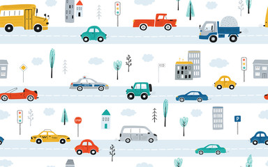 Cute children's seamless pattern with cars, traffic lights and road signs on a white background. Illustration of highway in a cartoon style for Wallpaper, fabric, and textile design. Vector