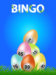 Easter Bingo Eggs on blue background and decorative text