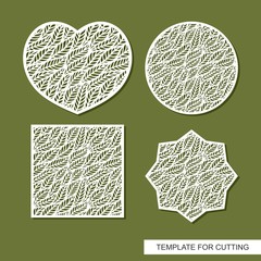 Wall Mural - Set of cute decorative panels in the shape of a heart, circle, square, star. Botanical theme with openwork floral ornament of leaves. Vector template for  laser cutting, metal engraving, wood carving.