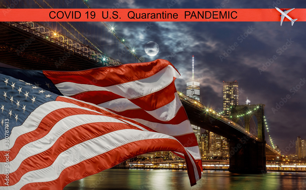 Pandemic U.S. canceled travel quarantine covid-19 New York City, US Flag flying on Brooklyn with Manhattan - obrazy, fototapety, plakaty 