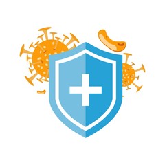 Immune system vector icon logo. Protection against bacteria health viruses. Medical prevention of human germs. Blue shield with a white cross and a virus on a white background. Vector illustration