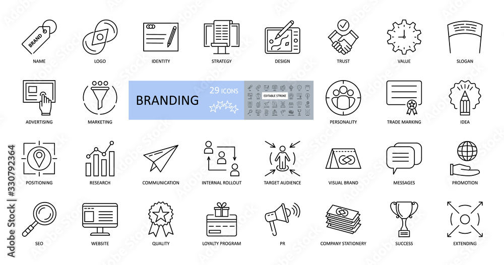 Branding icons. Set of 29 vector images with editable stroke. Includes name, logo, strategy, advertising, idea, slogan, trust, website, values, target audience, promotion, loyalty program, quality - obrazy, fototapety, plakaty 