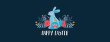 Happy Easter Greeting Card Or Banner With Bunny Vector Illustration. Blue Rabbit With Floral Decorations Flat Style Design. Handwritten Lettering. Spring Holiday Concept