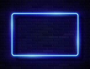 Wall Mural - Neon Glowing Rectangle Frame for Banner on Dark Empty Grunge Brick Background