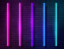 Modern Neon Iridescent Glowing Lines Banner On Dark Empty Grunge Brick Background