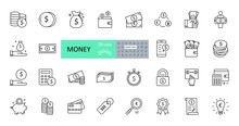 Vector Money Icons. Set Of 29 Images With Editable Stroke. Collection With Dollars, Euros, Coins, Bitcoin, Banknotes, Bag, Wallet, Watch, Calculator, Lock, Pig Piggy Bank, Bulb, Magnifier, Agreement.
