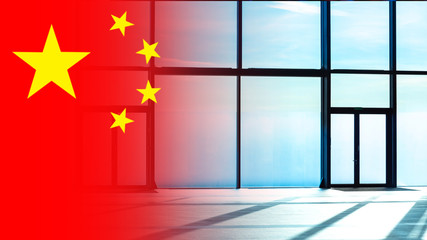 Poster - chinese flag on the background of an empty building. concept - an empty airport. an empty airport lo
