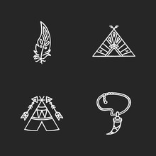 Native American Indian Accessories Chalk White Icons Set On Black Background. Necklace With Tooth, Eagle Feather. Wigwam With Arrows And Ethnic Ornaments. Isolated Vector Chalkboard Illustrations