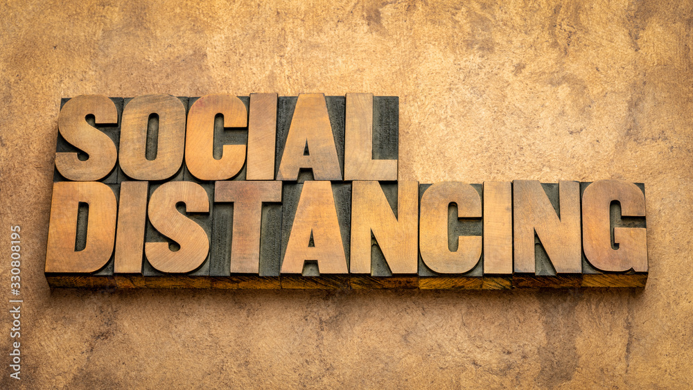 social distancing word abstract in wood type - obrazy, fototapety, plakaty 