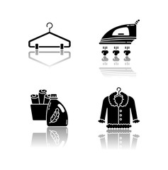 Sticker - Laundry, clothes care drop shadow black glyph icons set. Fur dry cleaning and ironing. Fabric softener and clean towels basin, hangers and outerwear. Isolated vector illustrations on white space