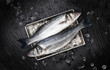© xamtiw - Seabass fish on metal tray on black stone background