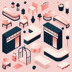 Isometric set of hotel lobby furniture for reception, lounge in pink pastel colors with cart or trolley, tables and shelving, chairs and decoration
