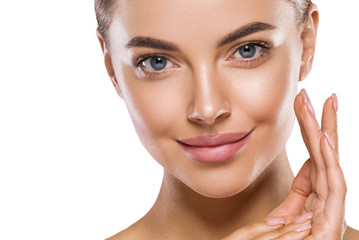 Wall Mural - eyes lips nose woman healthy skin macro headshot hand touching face beauty clean skin